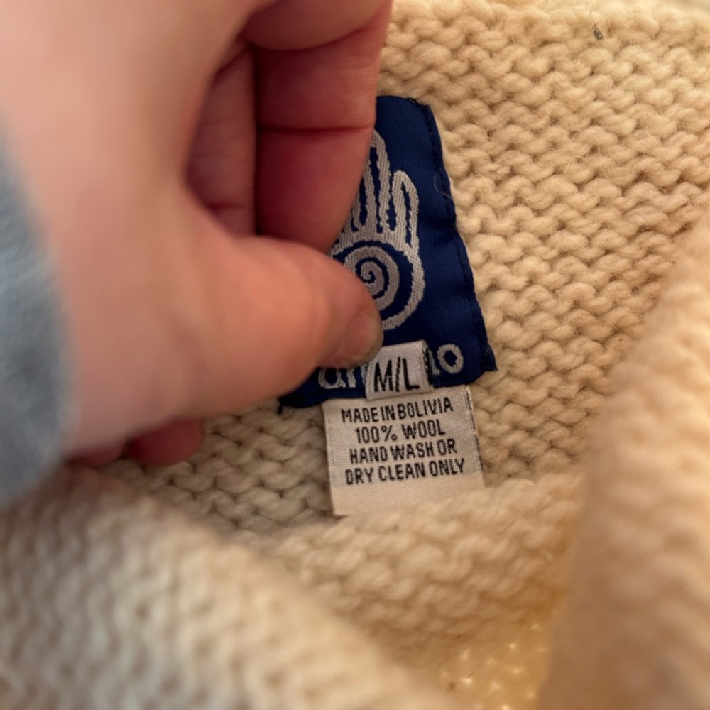 Amano 100% Wool Hand-Knit Funnel Neck Sweater Cream w/ Colorful Accents Size M/L - Picture 7 of 13